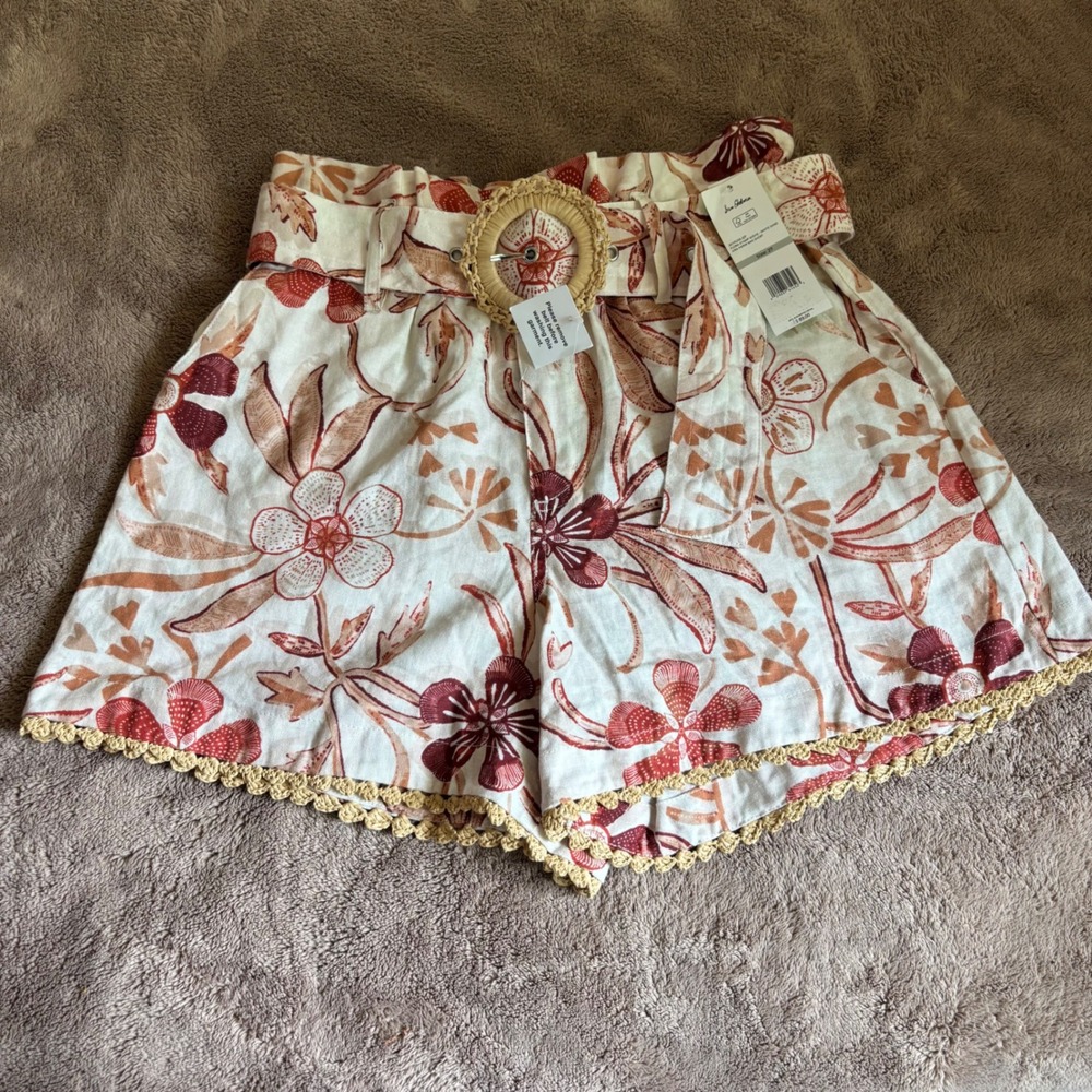 Sam Edelman Floral Linen Blend Belted Paperbag Shorts Cream Red Size 27 NEW